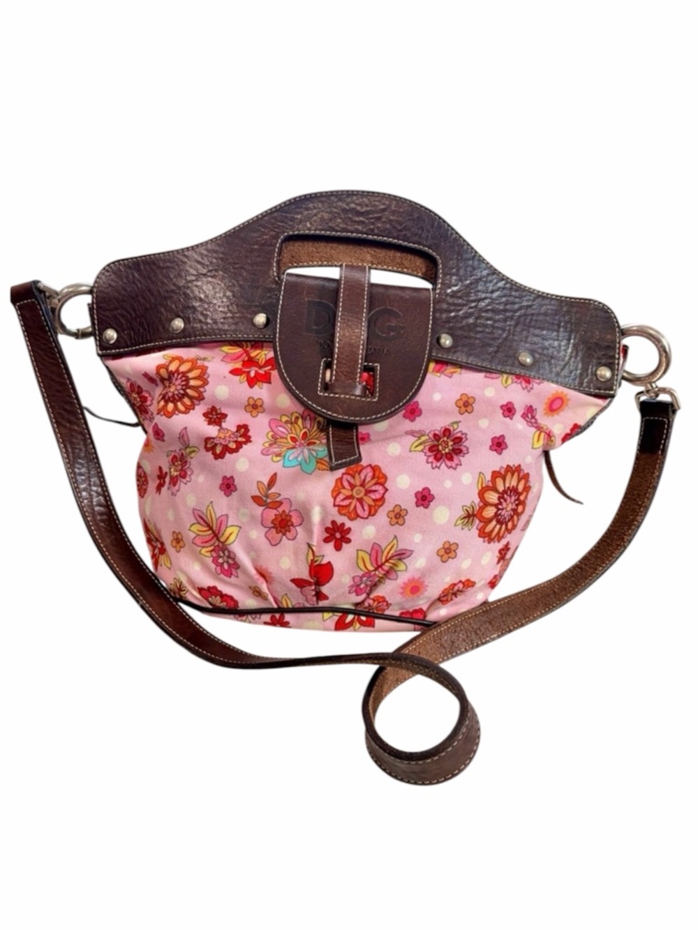 D&G Dolce & Gabbana Italy Boho Pink Floral Cotton & Brown Leather Satchel Bag